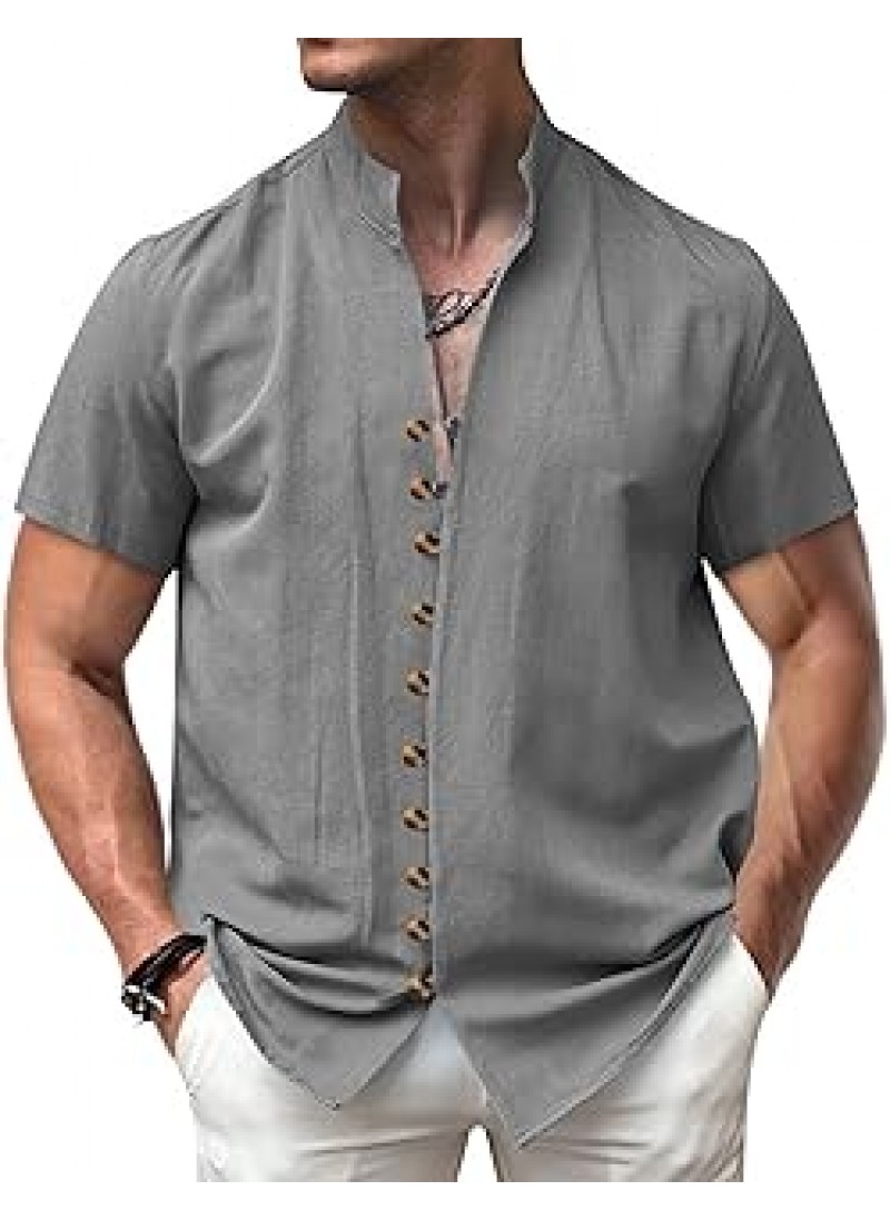 PORCLAY Men's Linen Shirt Short Sleeve Button Down Collar T Shirt Tops Casual Solid Color Summer Vacation Beach Blouses