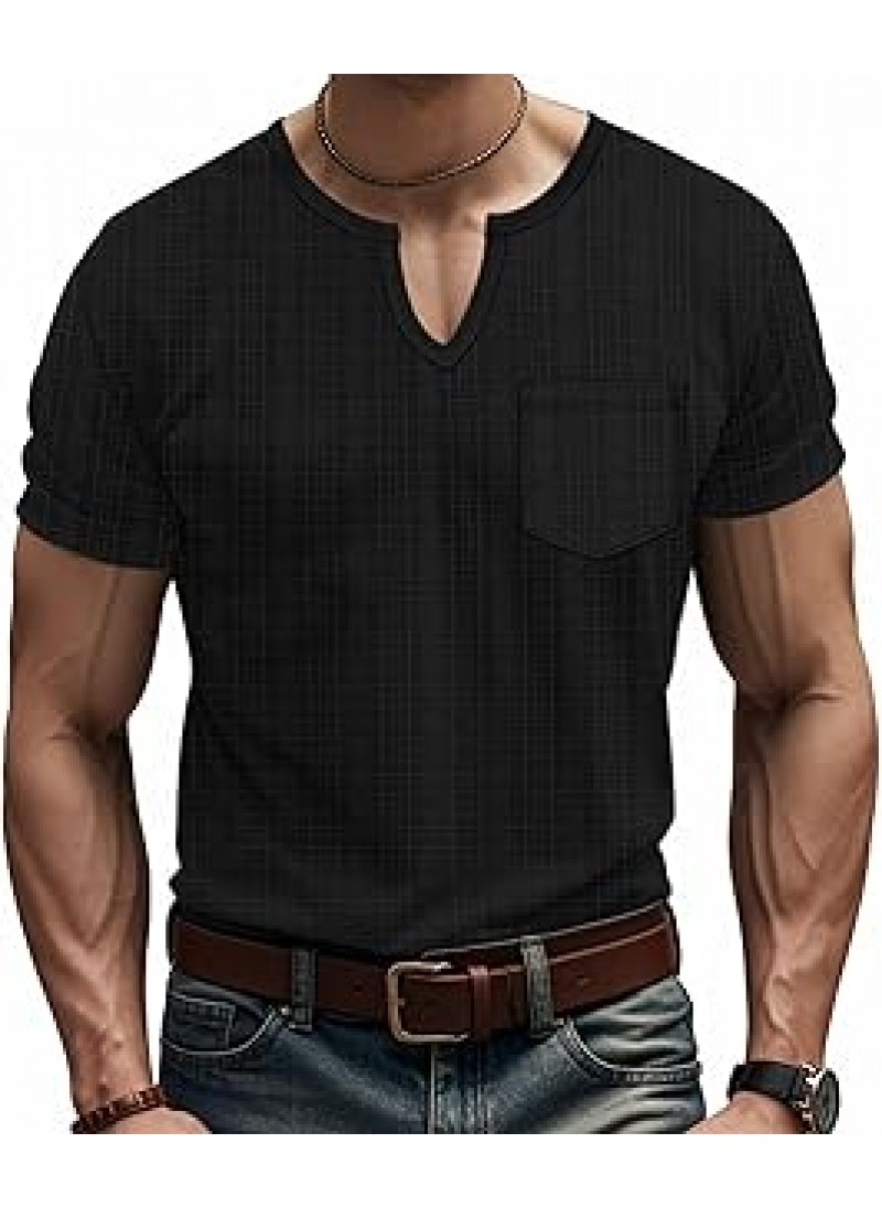 PORCLAY Men's Slim Fit V Neck Casual Shirts Short Sleeve Blouses Muscle Longline Henley T-Shirt Stylish Gym Workout Tops